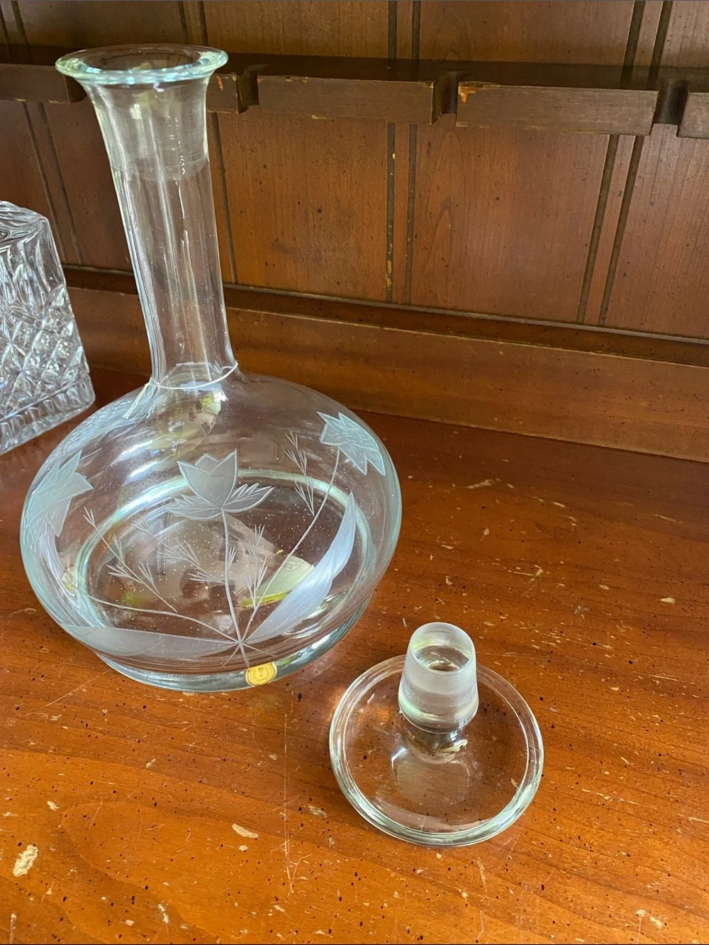 Vintage Etched Handblown Glass Wine Decanter